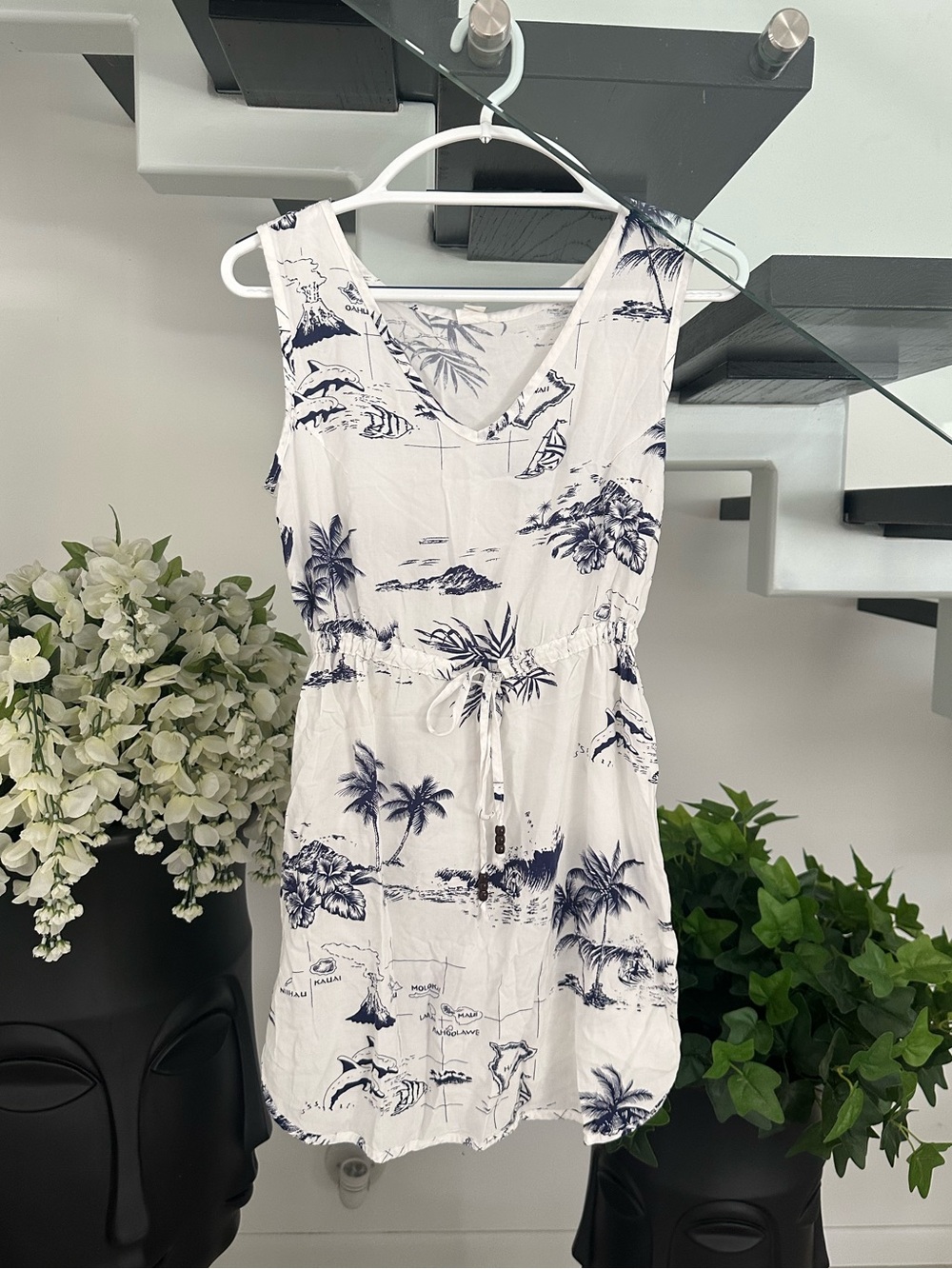 White & Navy Tropical Print Sleeveless Dress